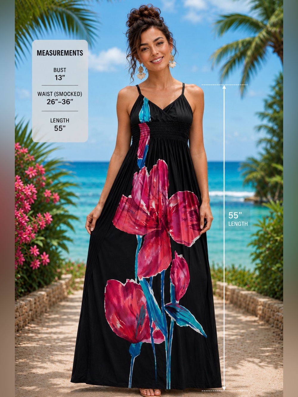 Black Maxi Dress with Pink Floral & Turquoise Water Color Print - size S/M